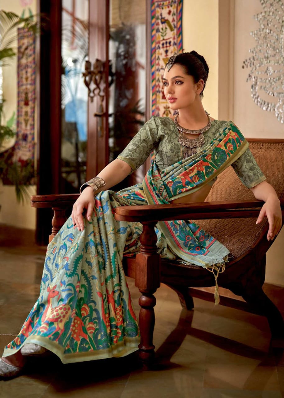 Aqua Green Saree With Kalamkari Print In Kia Silk