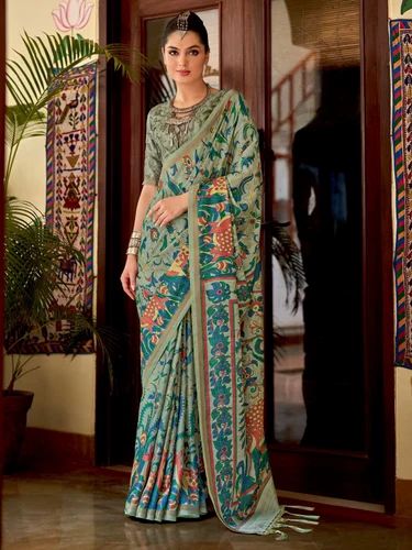 Aqua Green Saree With Kalamkari Print In Kia Silk