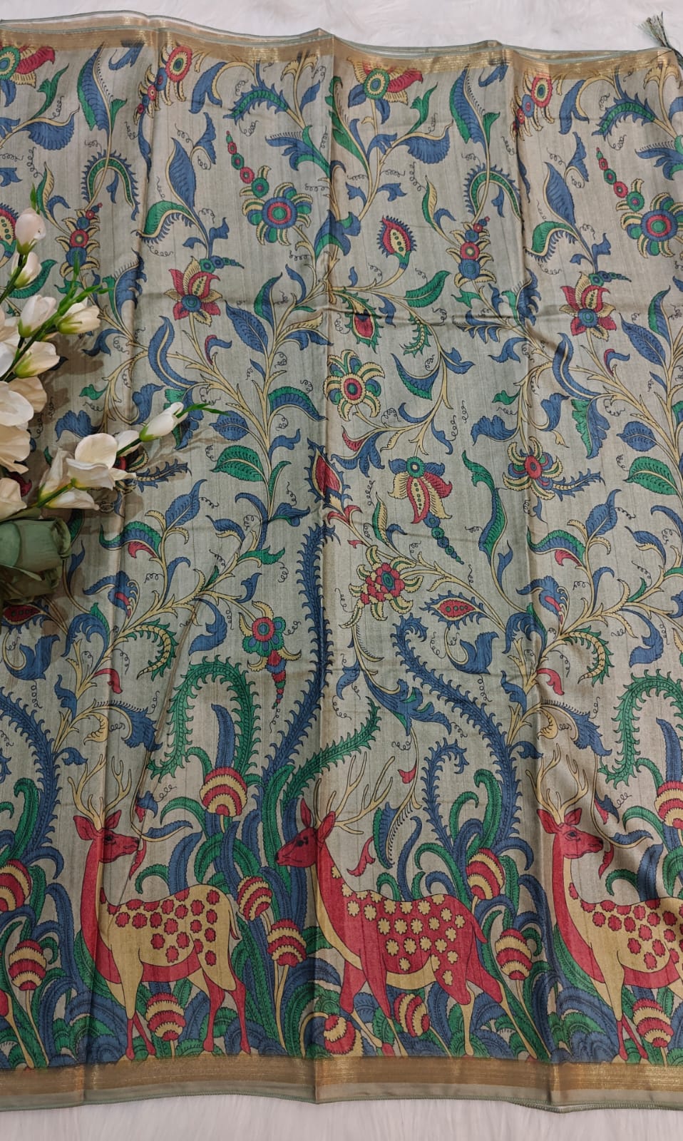 Aqua Green Saree With Kalamkari Print In Kia Silk