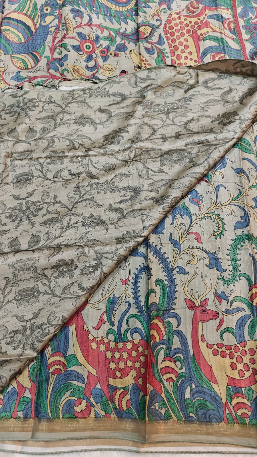 Aqua Green Saree With Kalamkari Print In Kia Silk