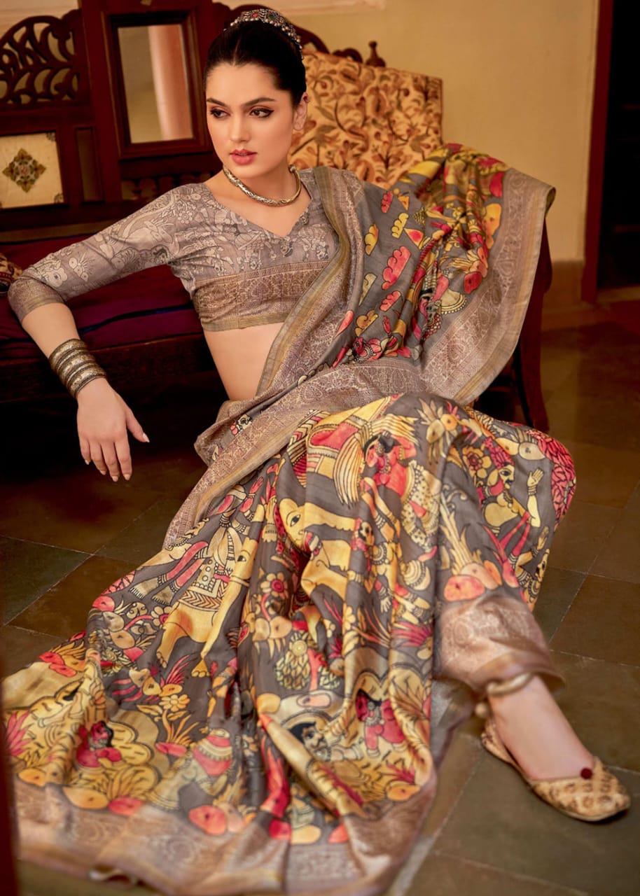 Rose Grey Kia Silk Saree With Kalamkari Print