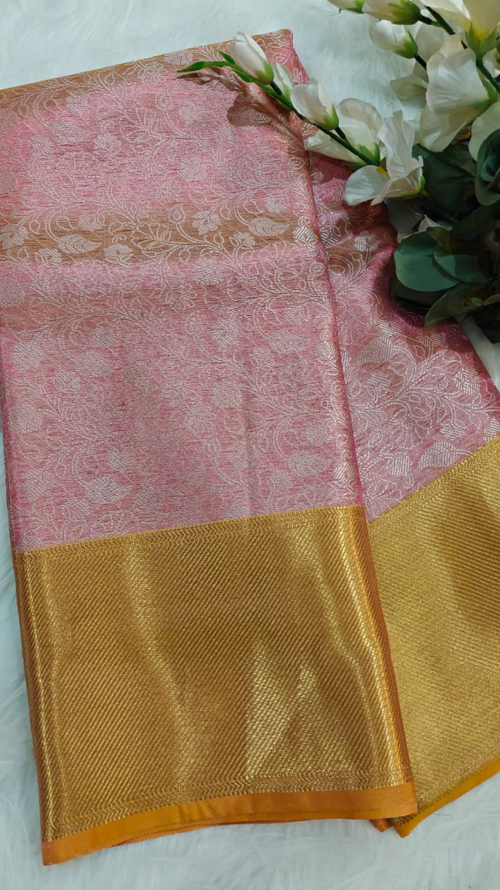 Metallic Pink - Semi Kanjipuram Glass Tissue Saree With Chikankari Pattern Zari Weaving