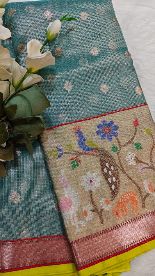 Elegant Style Kota Tissue Paithani Saree Deep Turquise & Fluorescent Yellow With Big Border