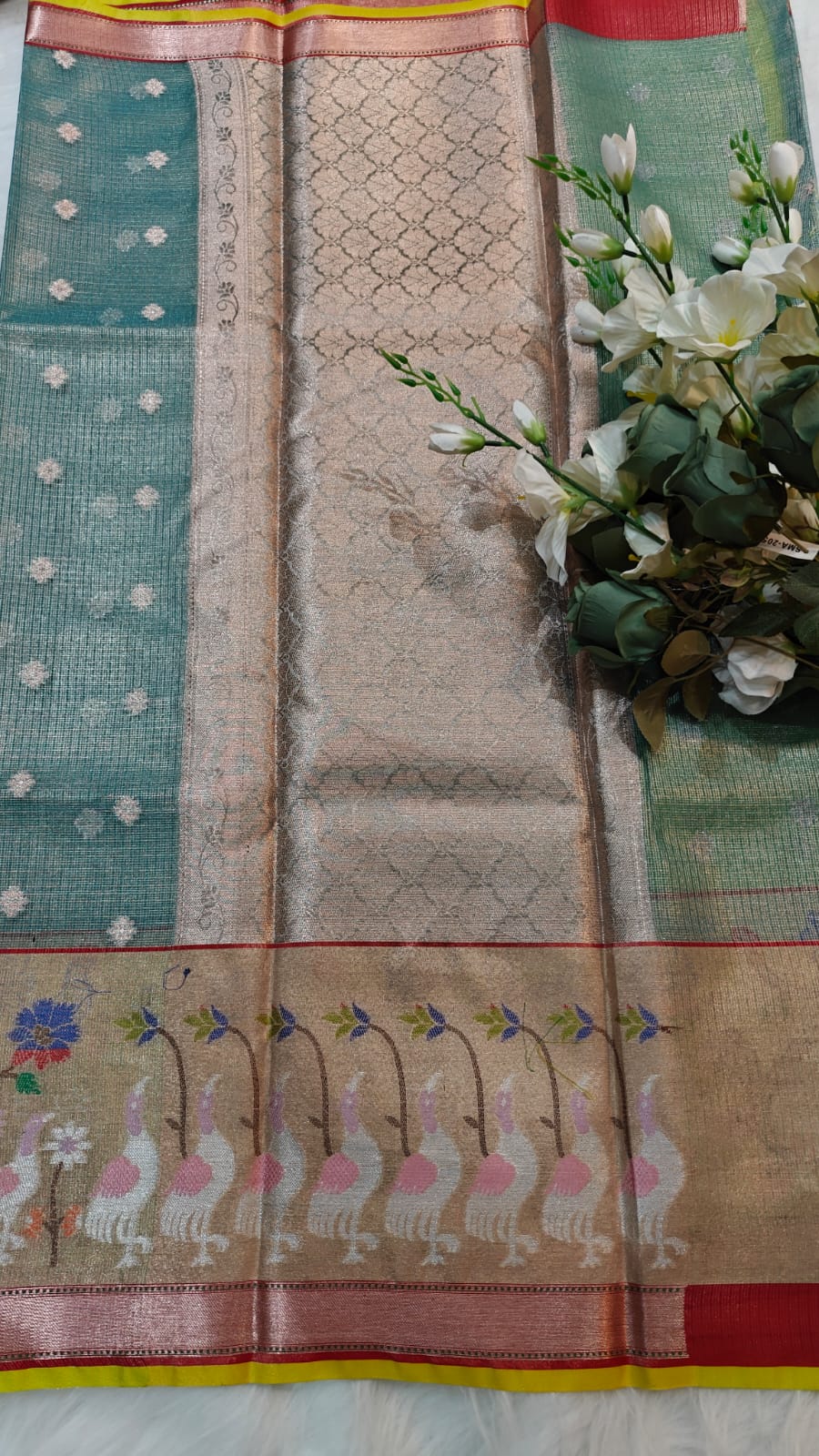 Elegant Style Kota Tissue Paithani Saree Deep Turquise & Fluorescent Yellow With Big Border