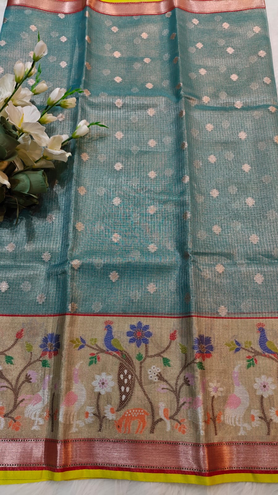 Elegant Style Kota Tissue Paithani Saree Deep Turquise & Fluorescent Yellow With Big Border