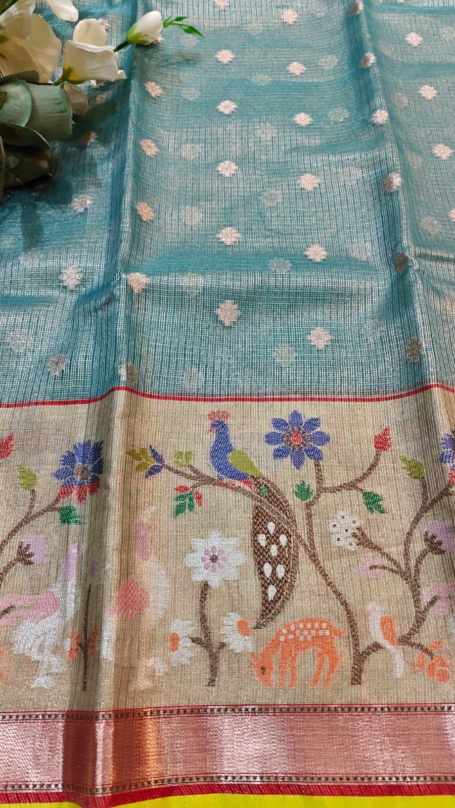 Elegant Style Kota Tissue Paithani Saree Deep Turquise & Fluorescent Yellow With Big Border