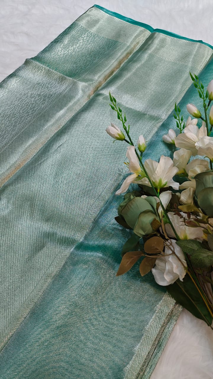 Turquoise Blue Semi Kanjivaram Tissue Saree