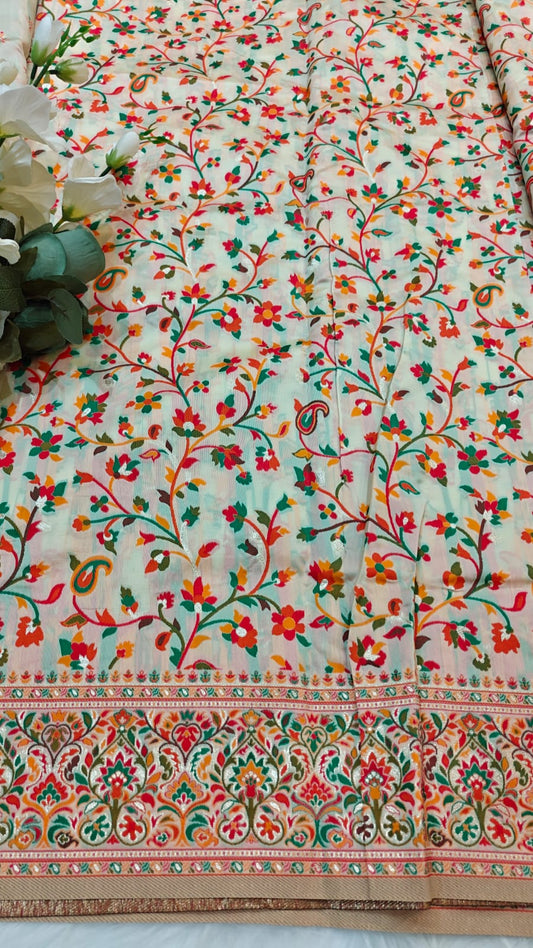 Off White Soft Pashmina Silk Saree With Orange, Green & Red Woven Design