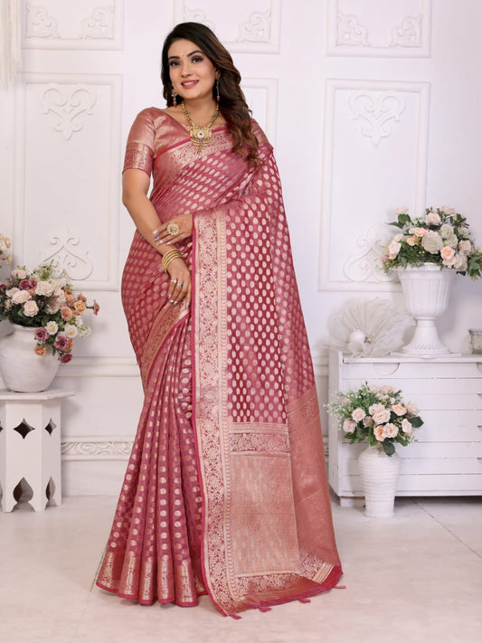 Banarasi Semi Organza Silk Dusty Pink With Zari Woven