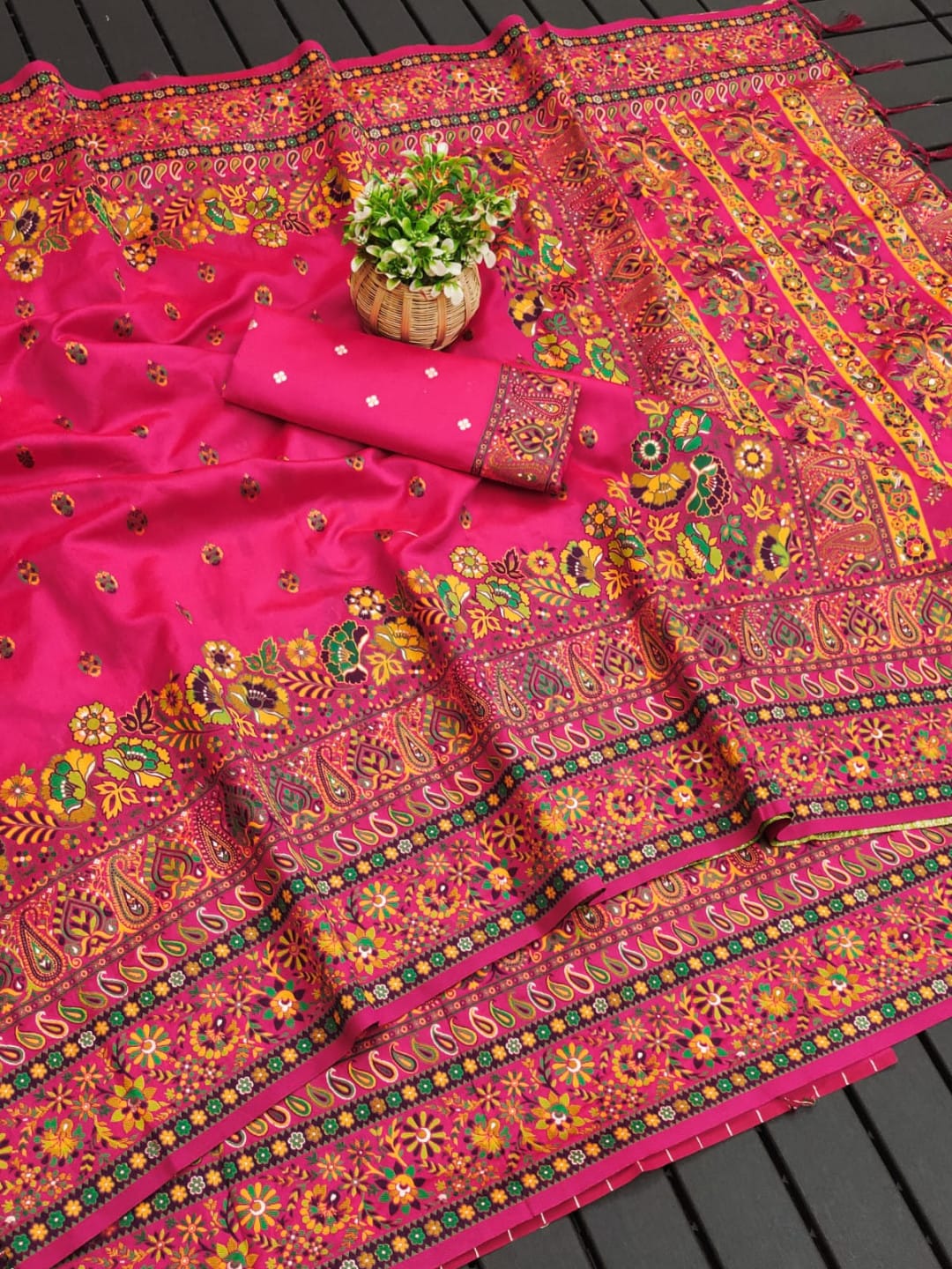Deep Pink Soft Pashmina Silk With Multi Colour Thread Woven Saree