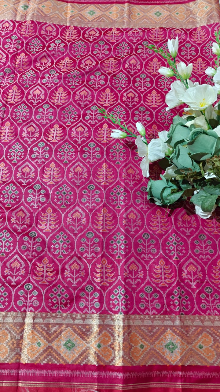 Vibrant Pink Ikkat Patola Semi Silk Saree With Zari Weaving
