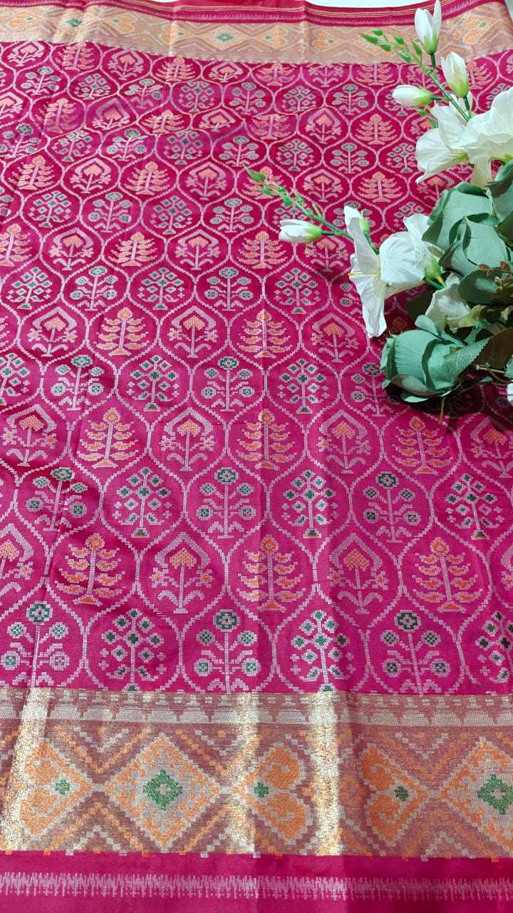 Vibrant Pink Ikkat Patola Semi Silk Saree With Zari Weaving