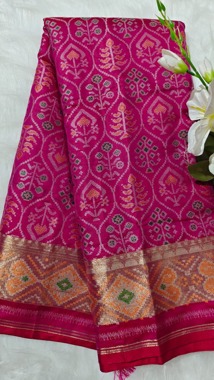 Vibrant Pink Ikkat Patola Semi Silk Saree With Zari Weaving