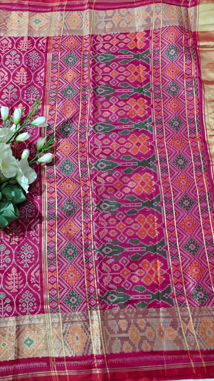 Vibrant Pink Ikkat Patola Semi Silk Saree With Zari Weaving