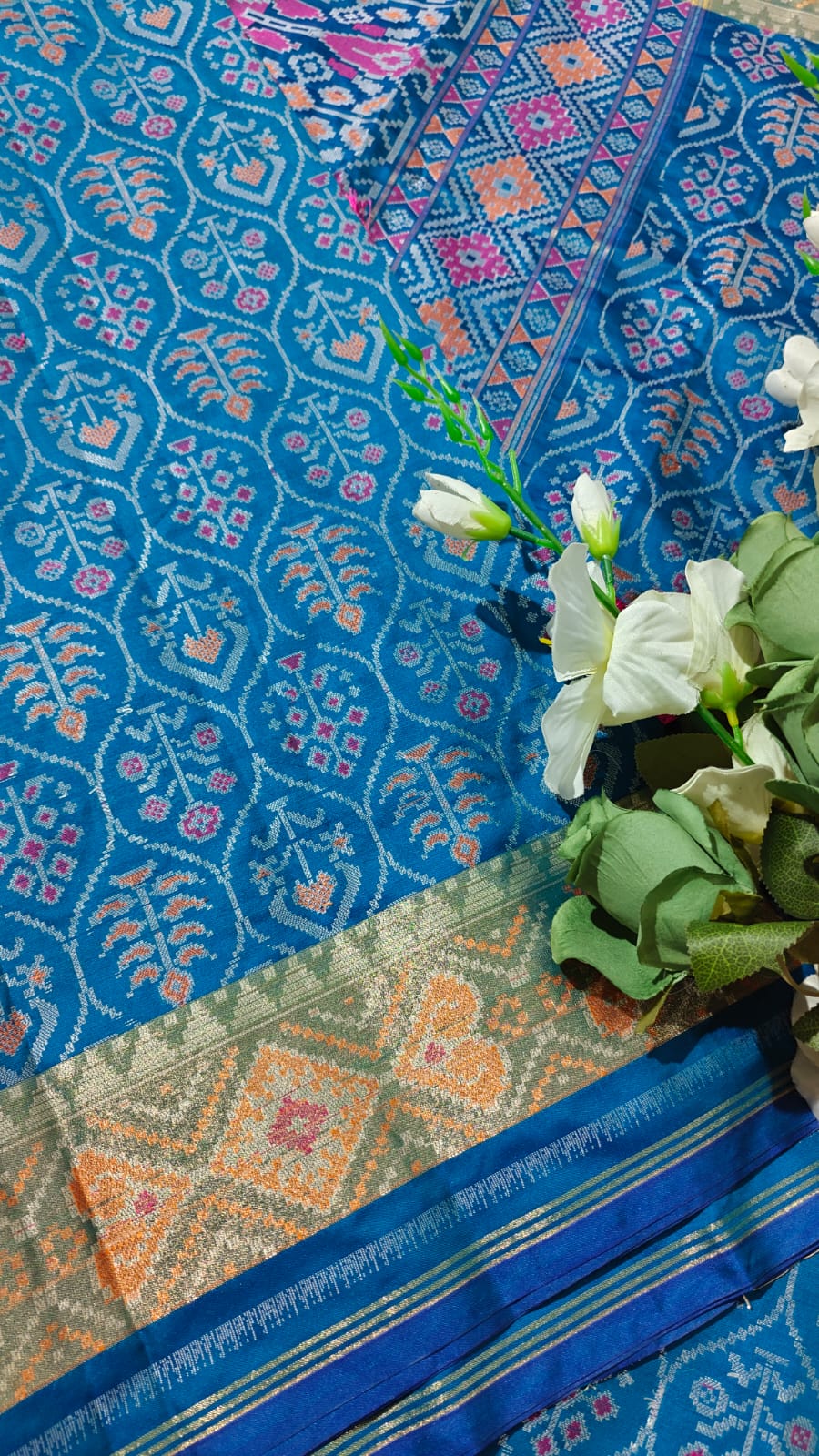 Azure Blue Ikkat Patola Silk Saree With Zari Weaving