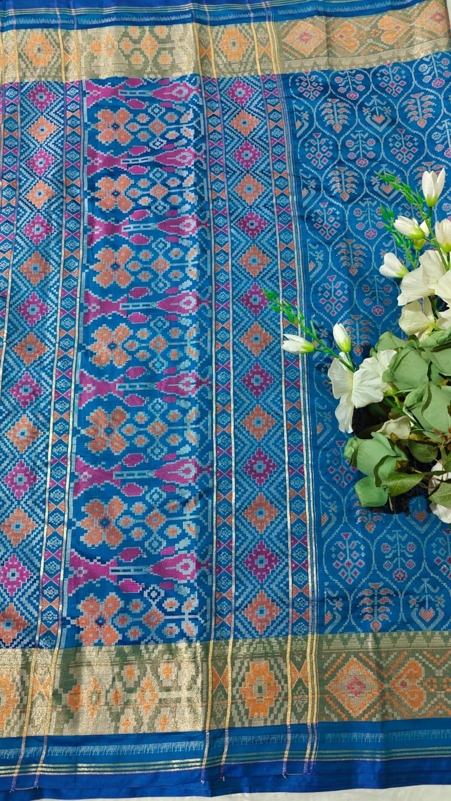 Azure Blue Ikkat Patola Silk Saree With Zari Weaving