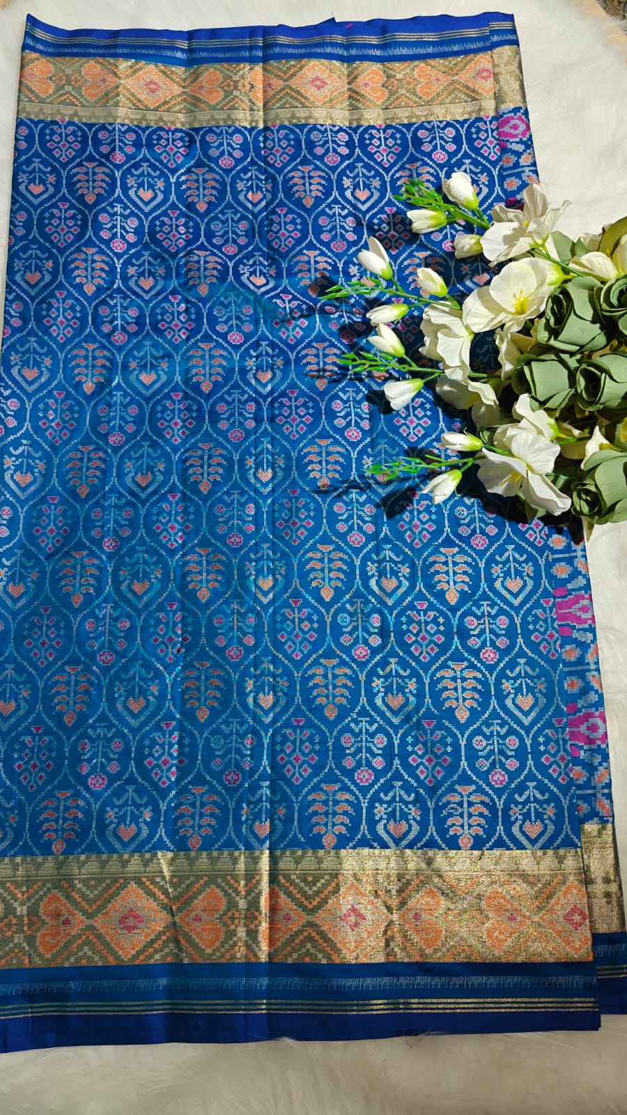 Azure Blue Ikkat Patola Silk Saree With Zari Weaving