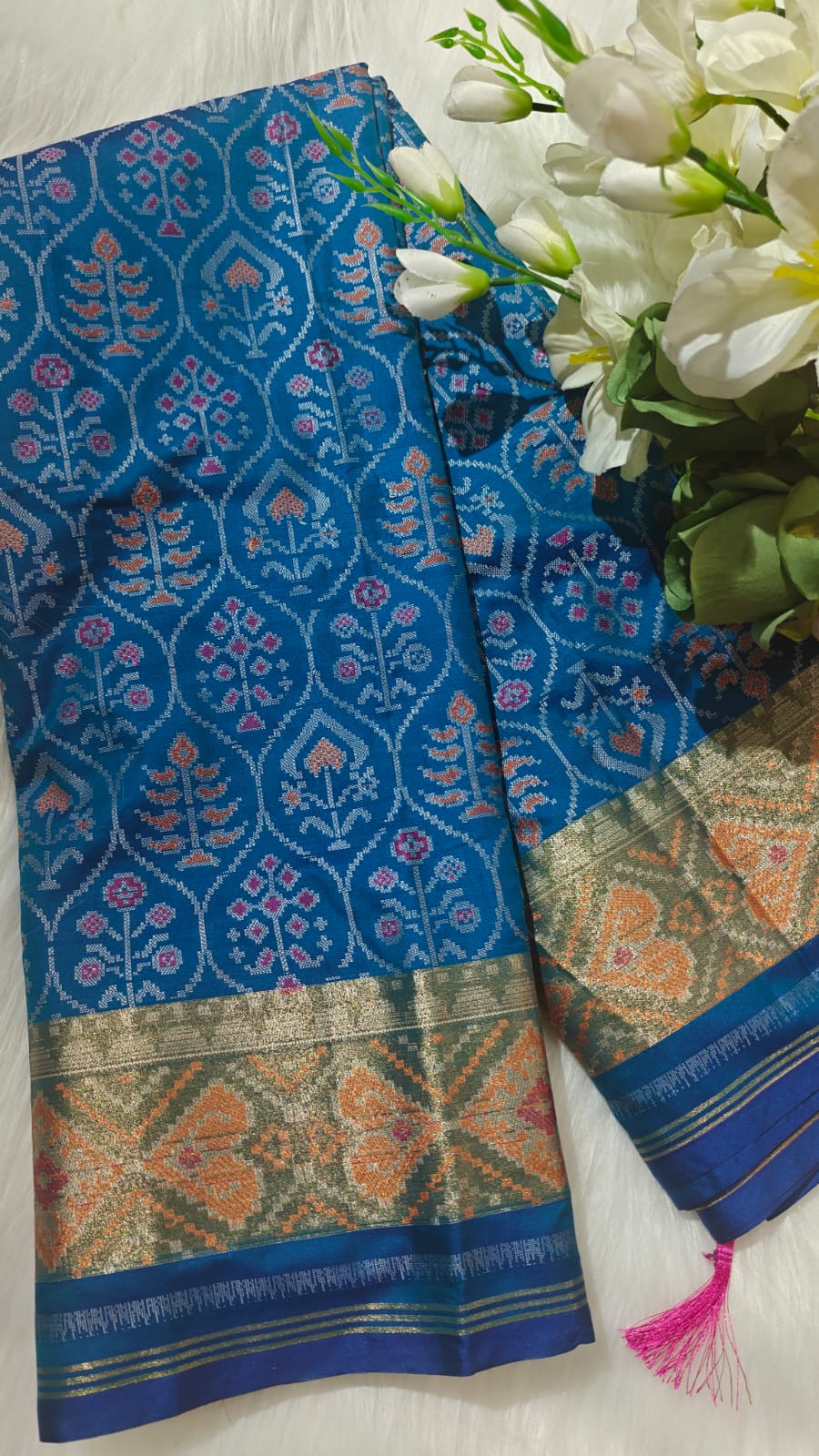 Azure Blue Ikkat Patola Silk Saree With Zari Weaving