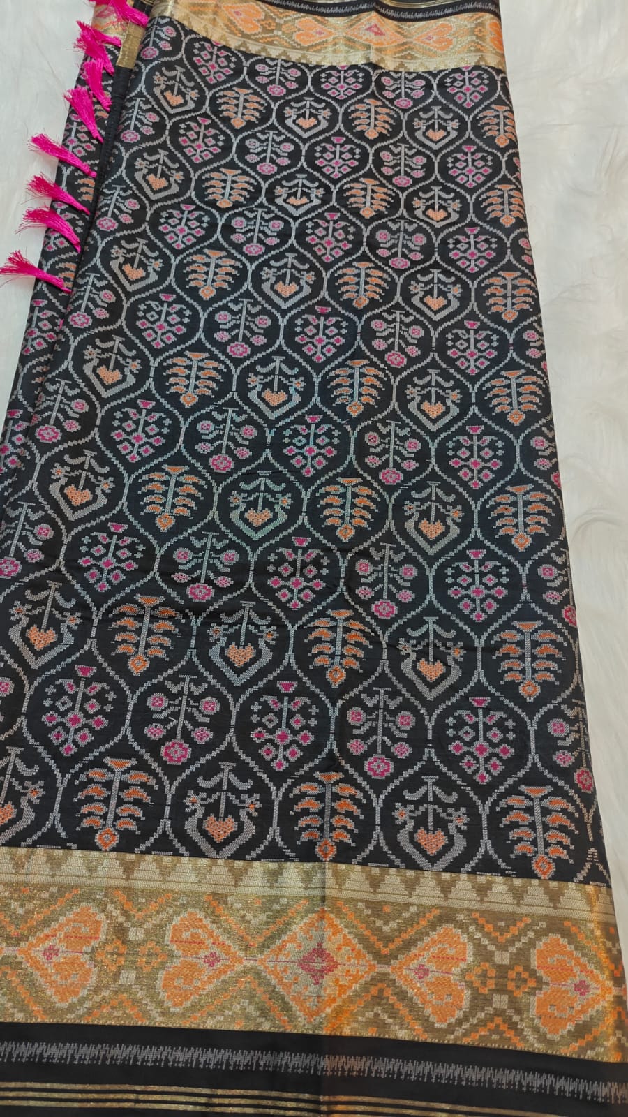 Rich Black Ikkat Patola Semi Silk Saree With Zari Weaving