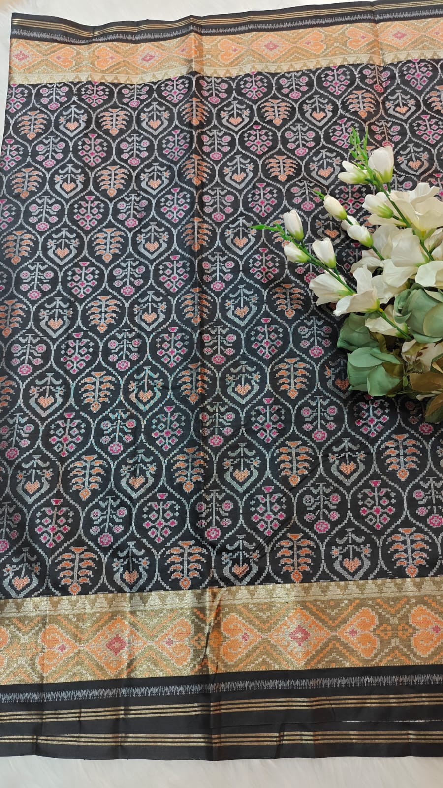 Rich Black Ikkat Patola Semi Silk Saree With Zari Weaving