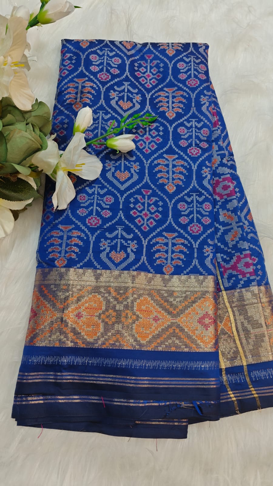 Royal Blue Ikkat Patola Semi Silk Saree With Zari Weaving