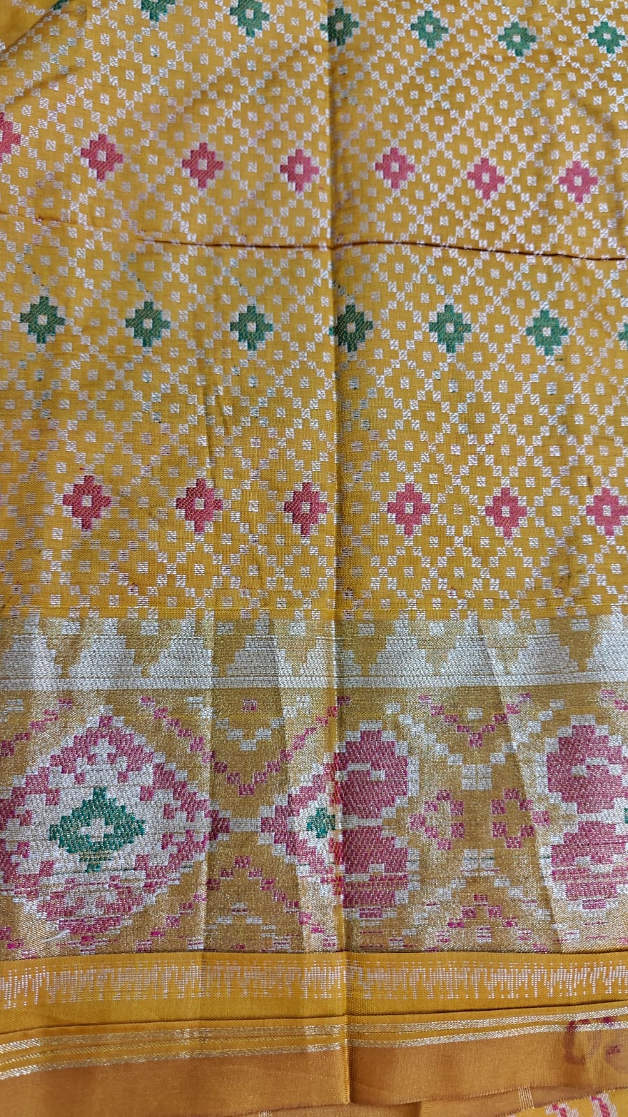 Vibrant Mustard Yellow Ikkat Potola Semi Silk Saree With Zari Weaving