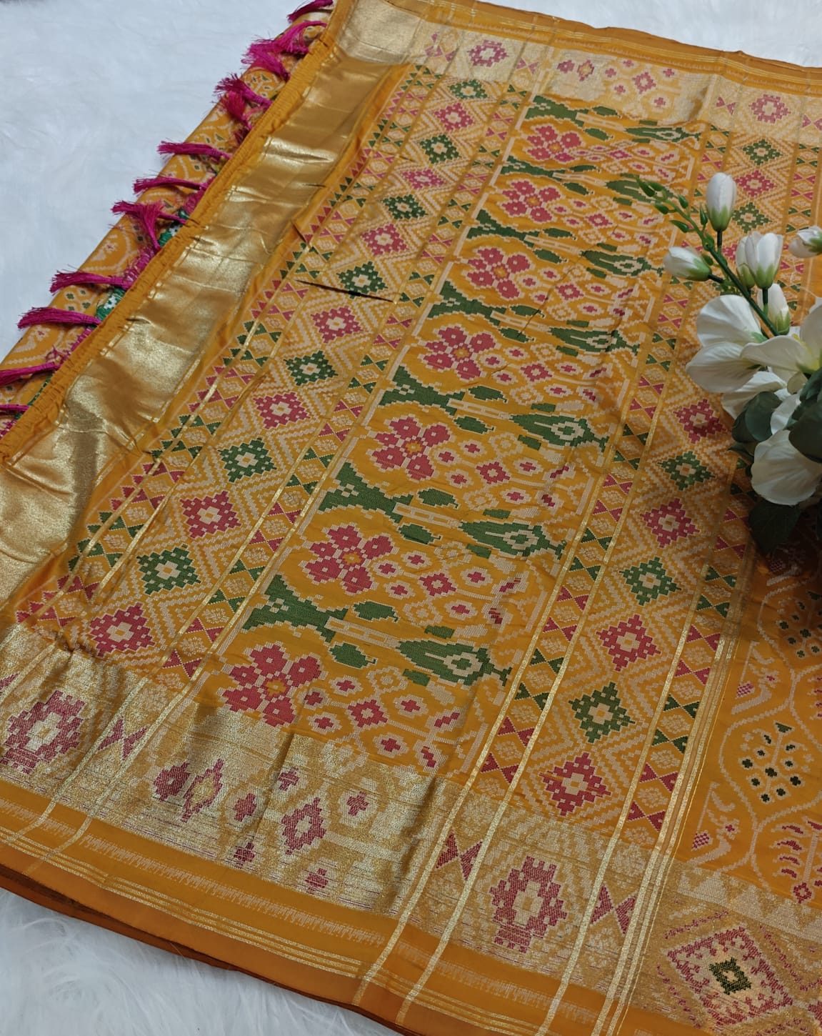 Vibrant Mustard Yellow Ikkat Potola Semi Silk Saree With Zari Weaving