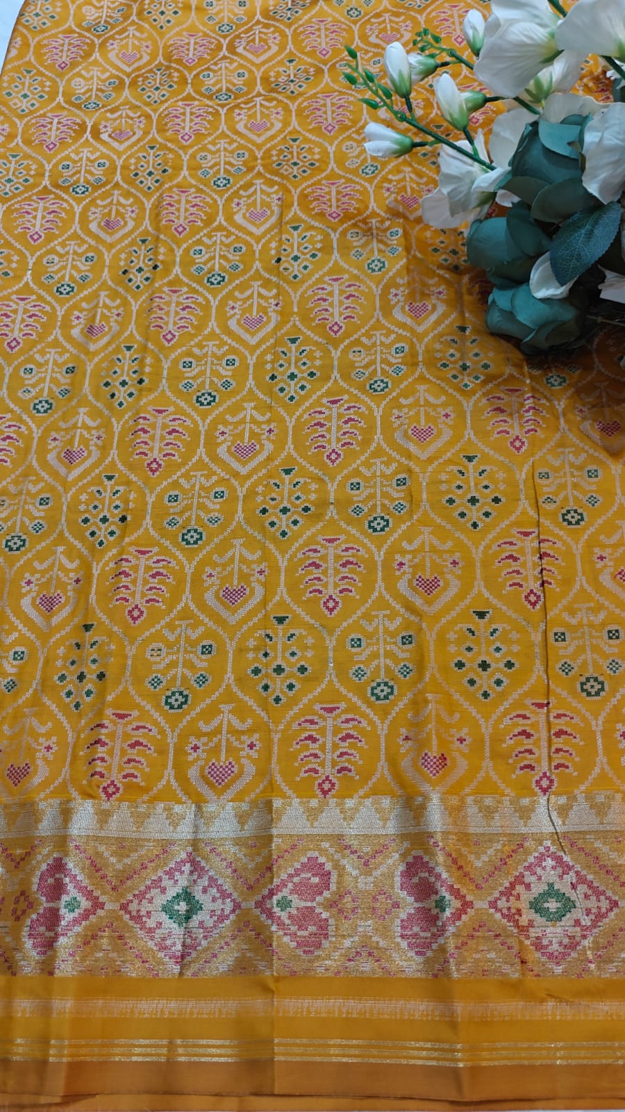 Vibrant Mustard Yellow Ikkat Potola Semi Silk Saree With Zari Weaving