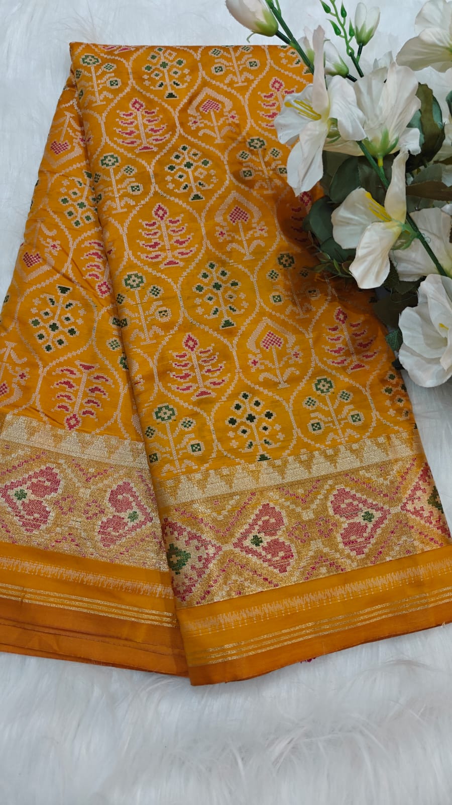 Vibrant Mustard Yellow Ikkat Potola Semi Silk Saree With Zari Weaving