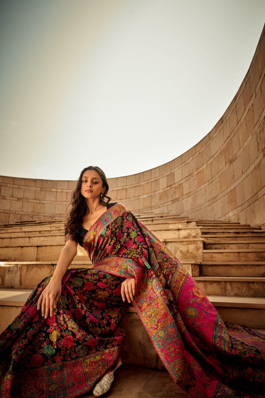 Deep Black Traditional Pashmina Cotton Silk Saree With Woven Design