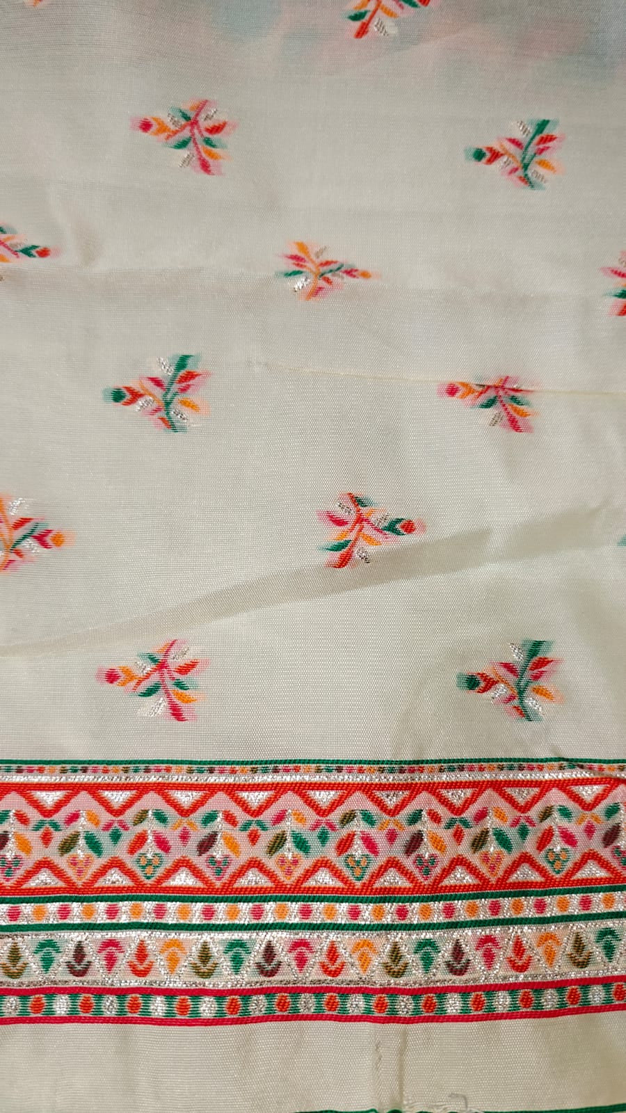 Off White Soft Pashmina Silk Saree With Orange, Green & Red Woven Design