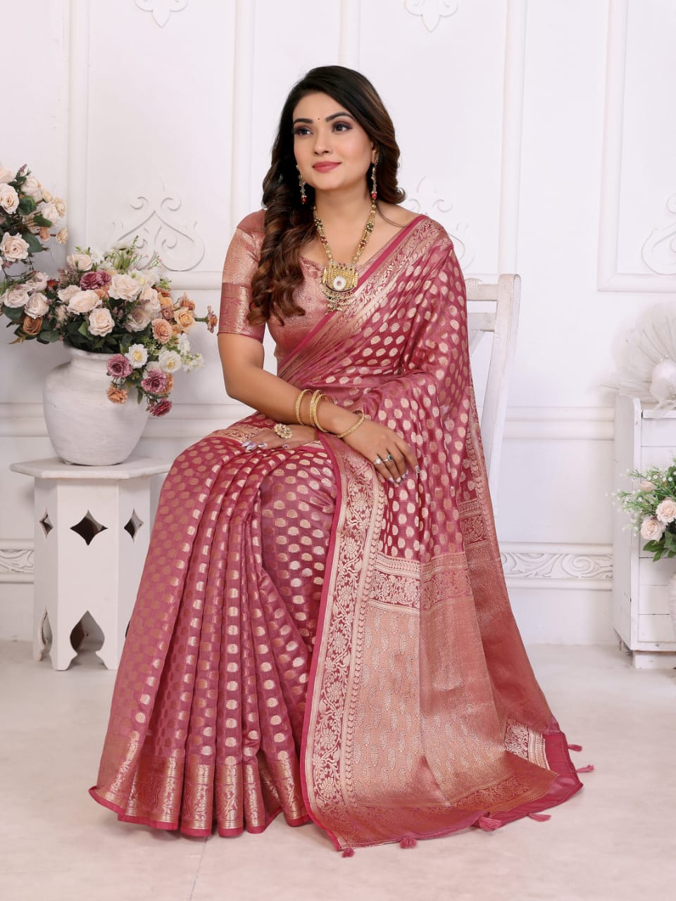 Banarasi Semi Organza Silk Dusty Pink With Zari Woven