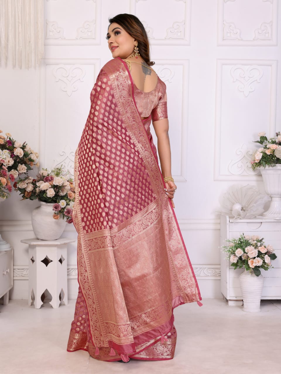 Banarasi Semi Organza Silk Dusty Pink With Zari Woven