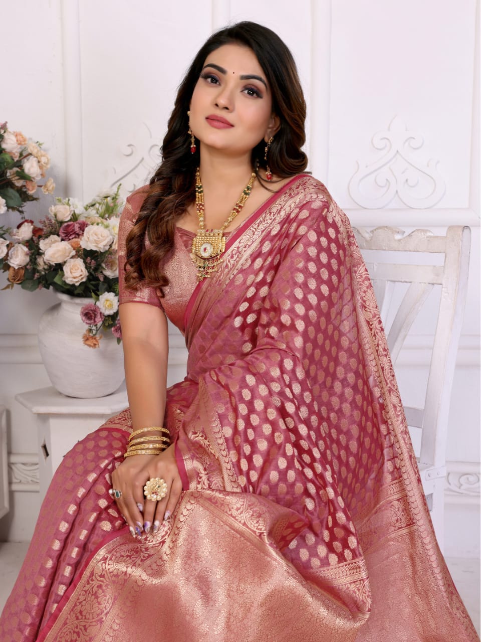 Banarasi Semi Organza Silk Dusty Pink With Zari Woven