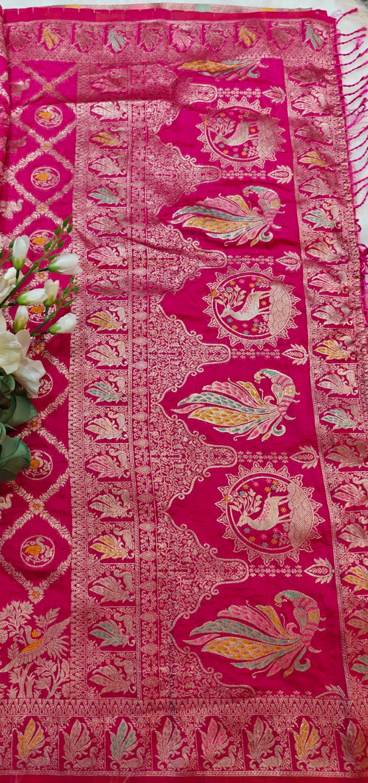 Rani Pink Desinger Viscose Dola Silk Saree With Meenakari Zari Weaving Work