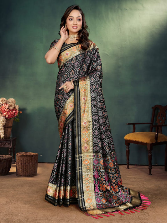 Rich Black Ikkat Patola Semi Silk Saree With Zari Weaving