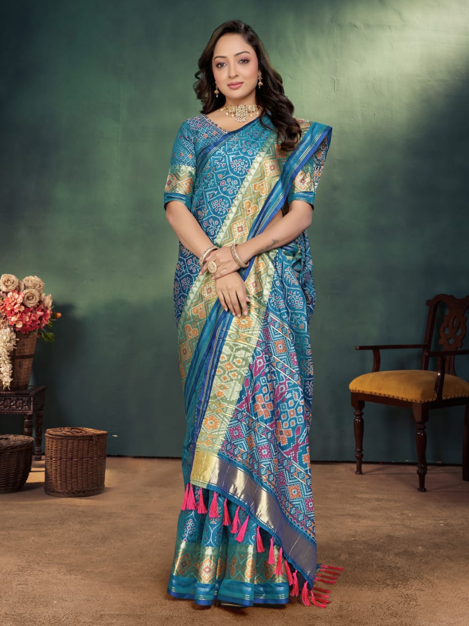 Azure Blue Ikkat Patola Silk Saree With Zari Weaving