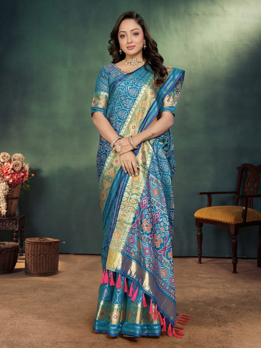 Azure Blue Ikkat Patola Silk Saree With Zari Weaving