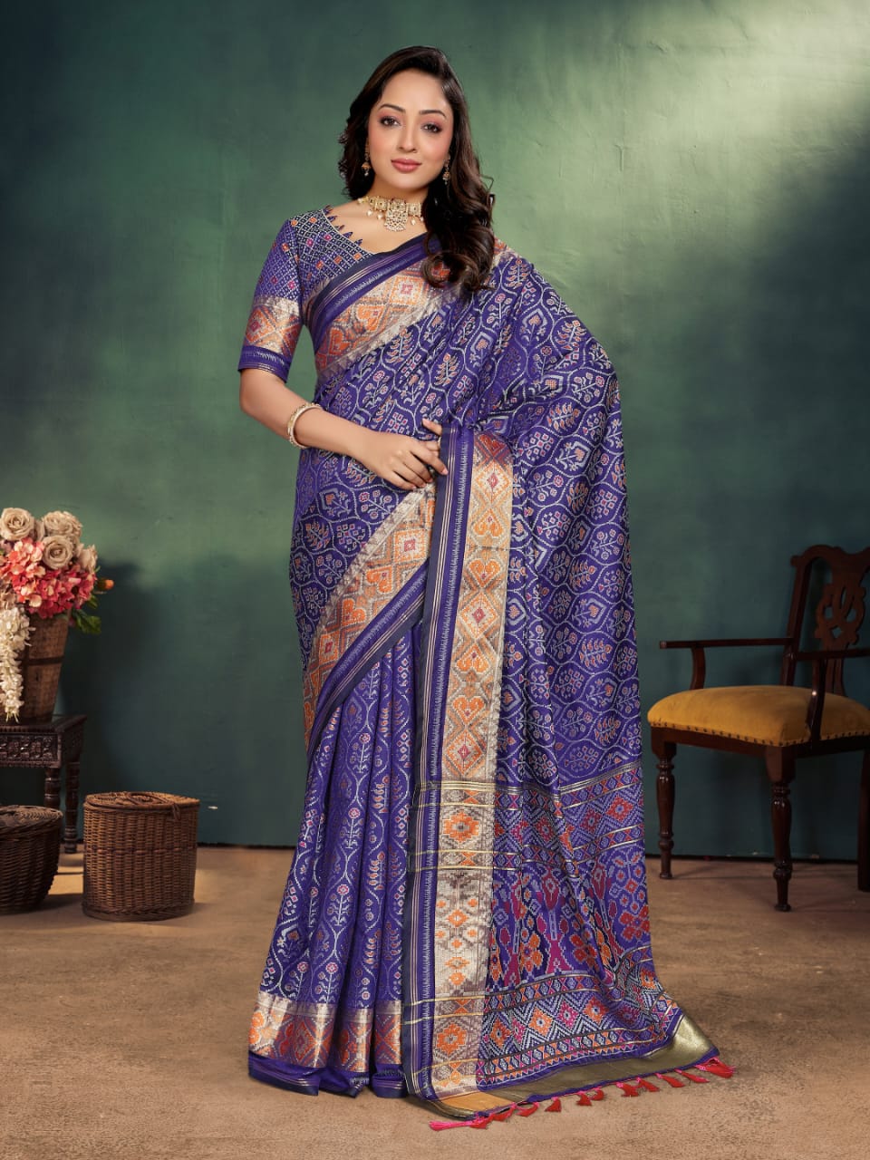 Deep Voilet Ikkat Patola Semi Silk Saree With Zari Weaving
