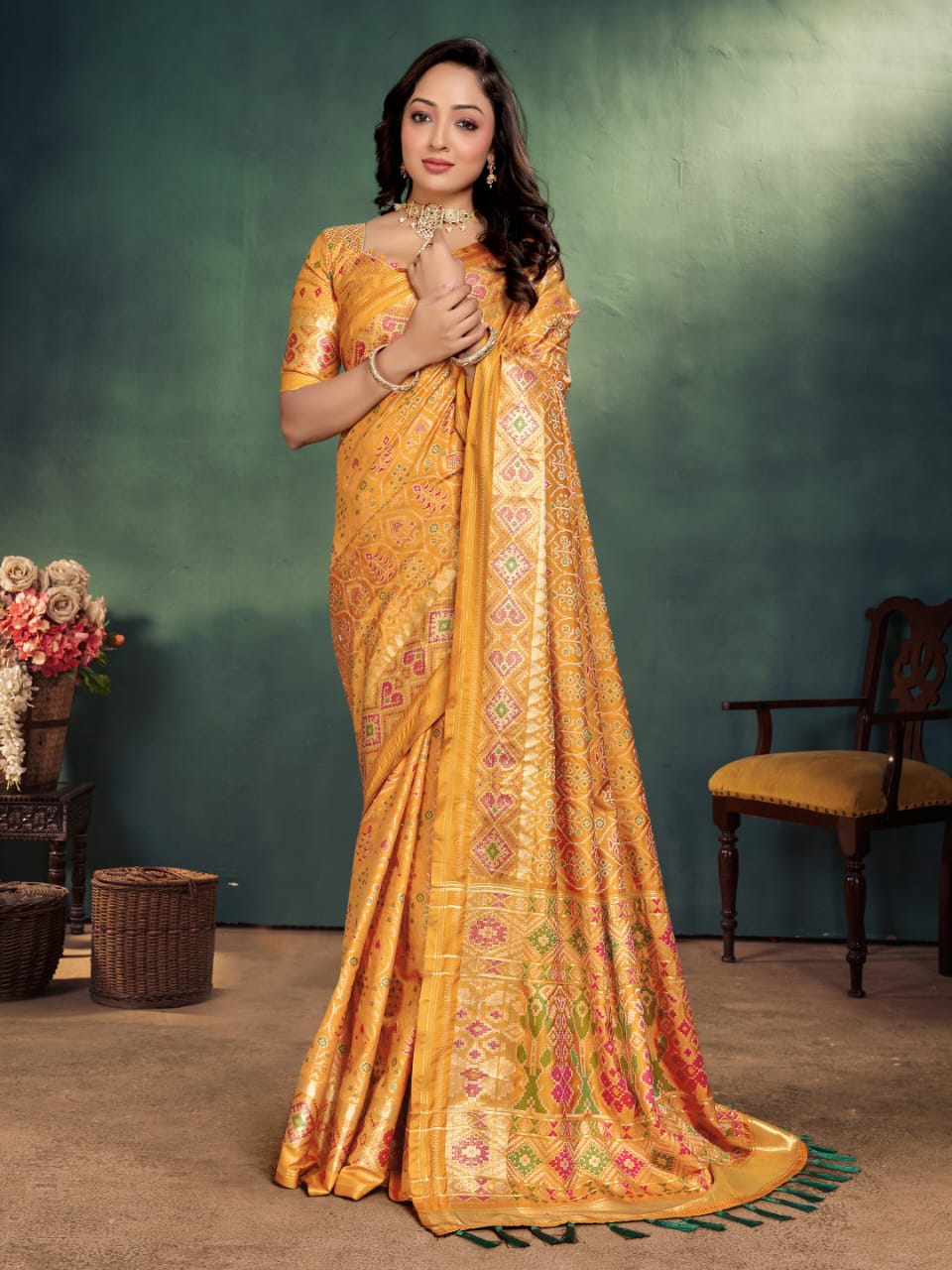 Vibrant Mustard Yellow Ikkat Potola Semi Silk Saree With Zari Weaving