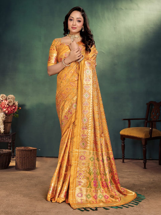 Vibrant Mustard Yellow Ikkat Potola Semi Silk Saree With Zari Weaving