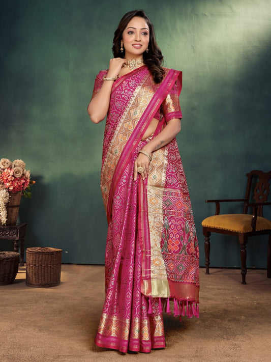 Vibrant Pink Ikkat Patola Semi Silk Saree With Zari Weaving