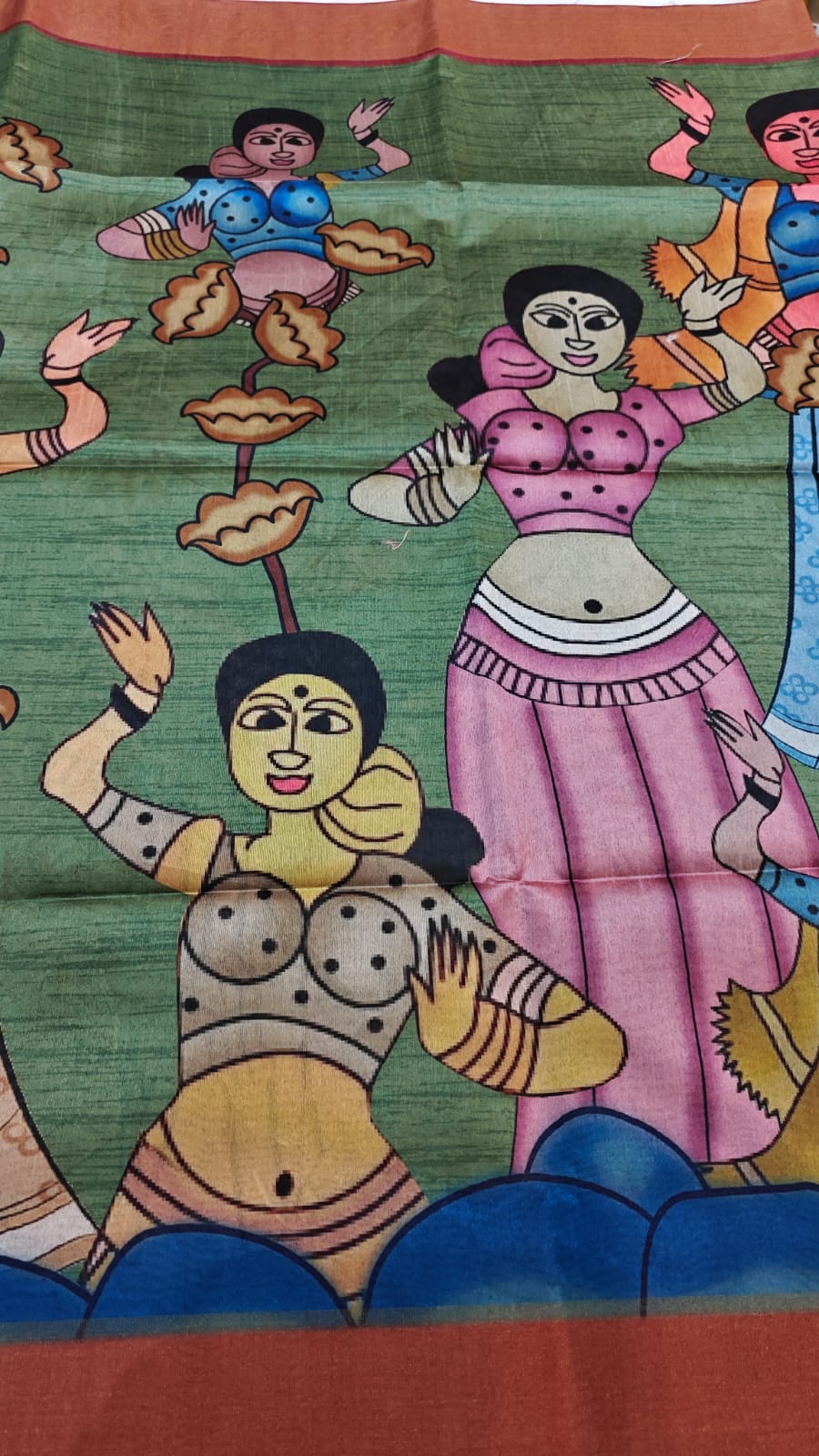 Kosa Semi Silk Saree Green And Maroon With Madhubhani Digital