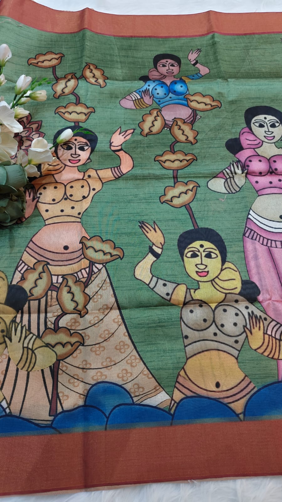 Kosa Semi Silk Saree Green And Maroon With Madhubhani Digital