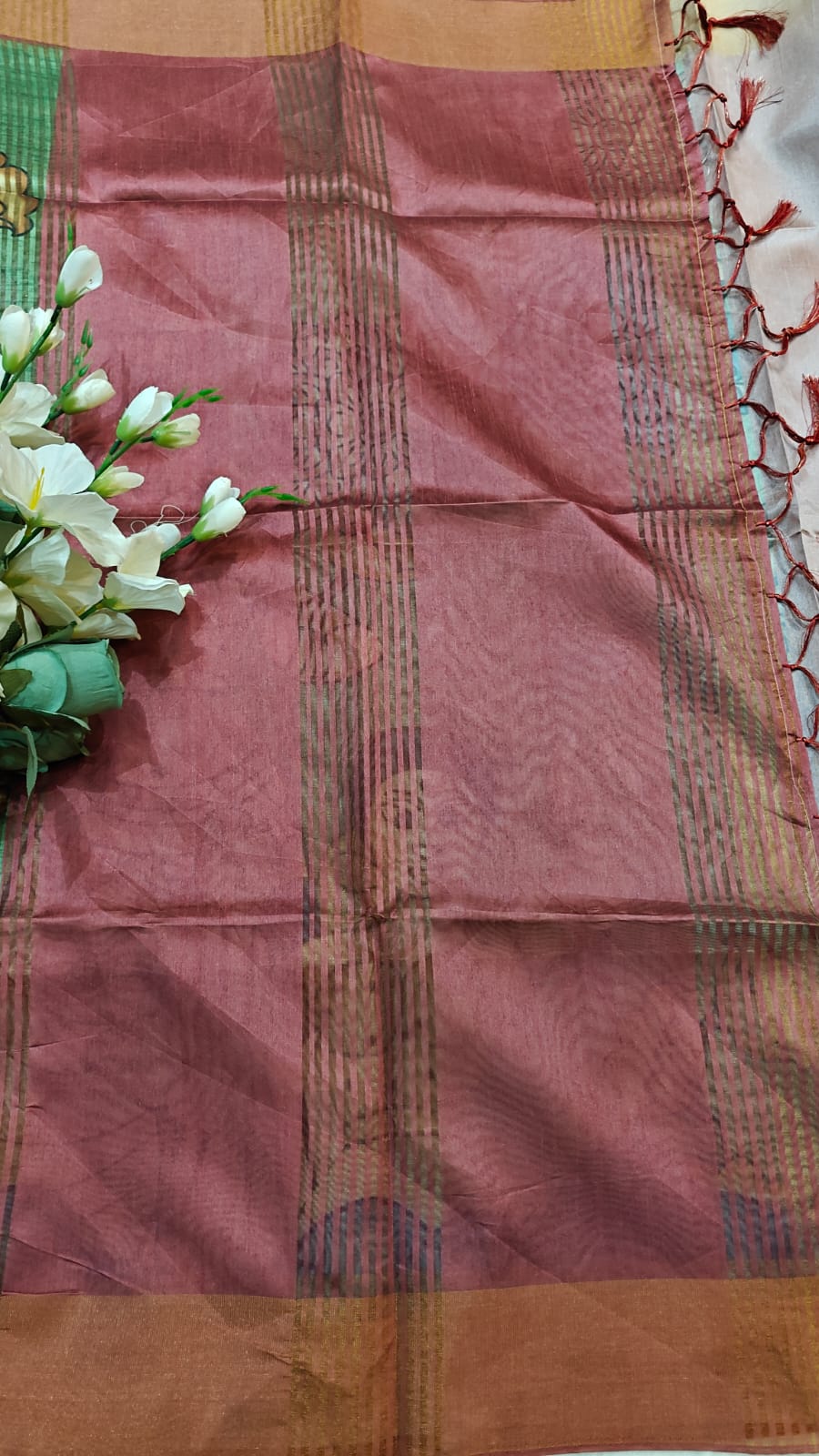Kosa Semi Silk Saree Green And Maroon With Madhubhani Digital