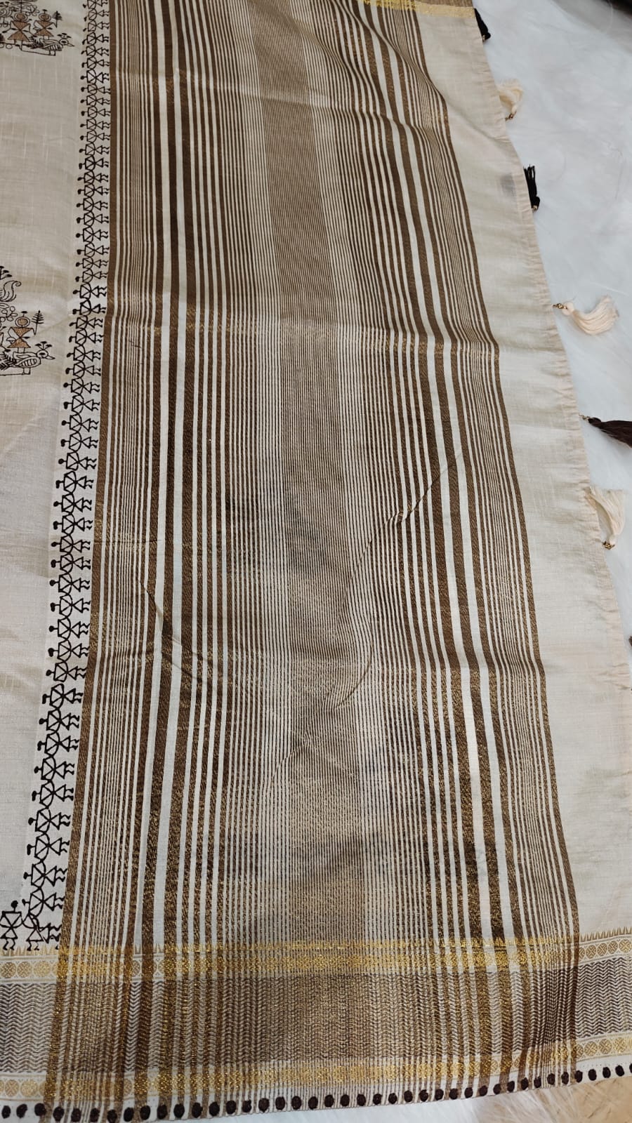 Pearl White Semi Tussar Silk With Black & Gold Zari Kantha Embroidery Work
