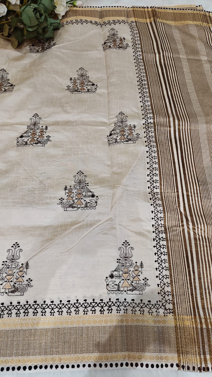Pearl White Semi Tussar Silk With Black & Gold Zari Kantha Embroidery Work