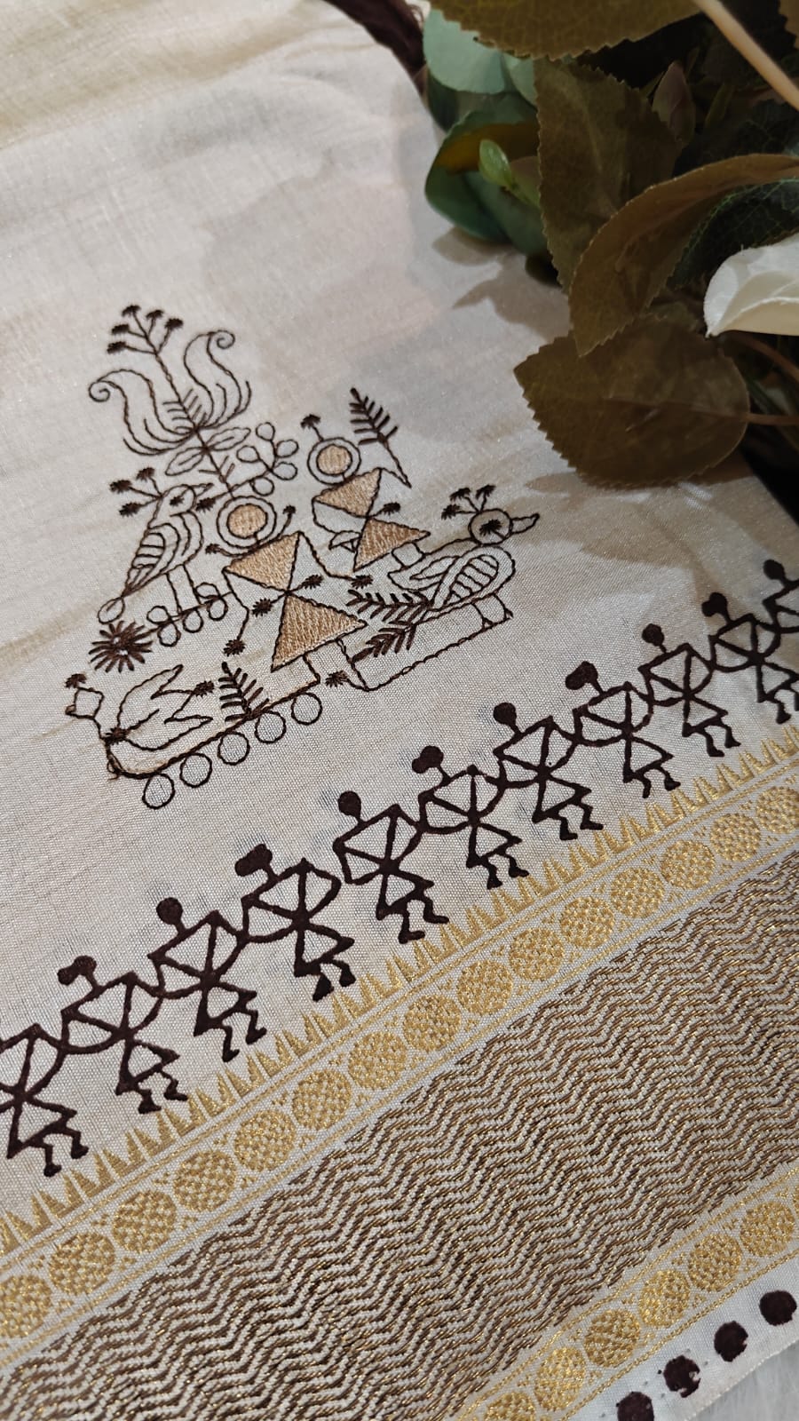 Pearl White Semi Tussar Silk With Black & Gold Zari Kantha Embroidery Work