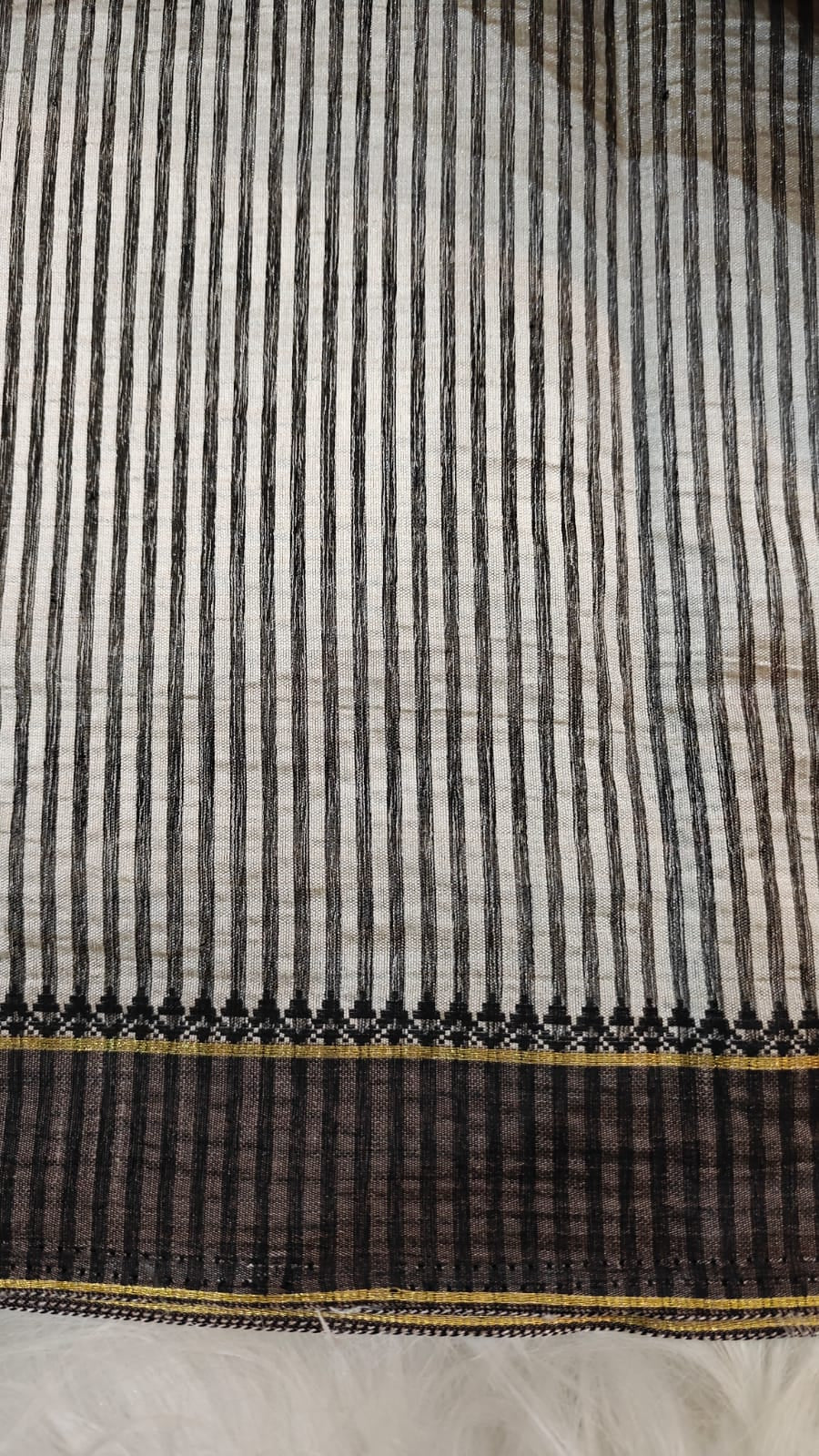 Off White Semi Tussar Silk With Red Yellow & Black Kantha Embroidery Work