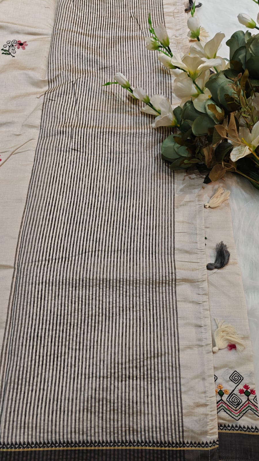 Off White Semi Tussar Silk With Red Yellow & Black Kantha Embroidery Work